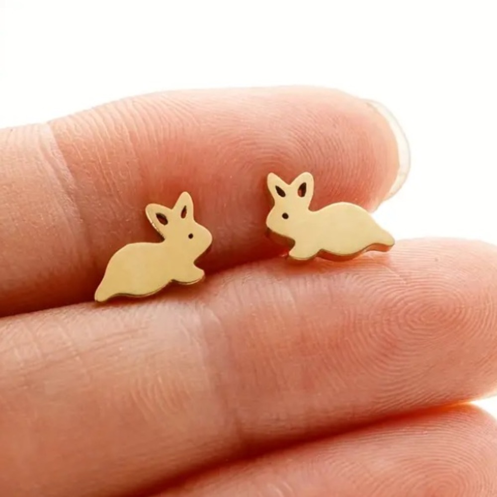 Hopping Bunny Rabbit Gold Toned Stud Earrings